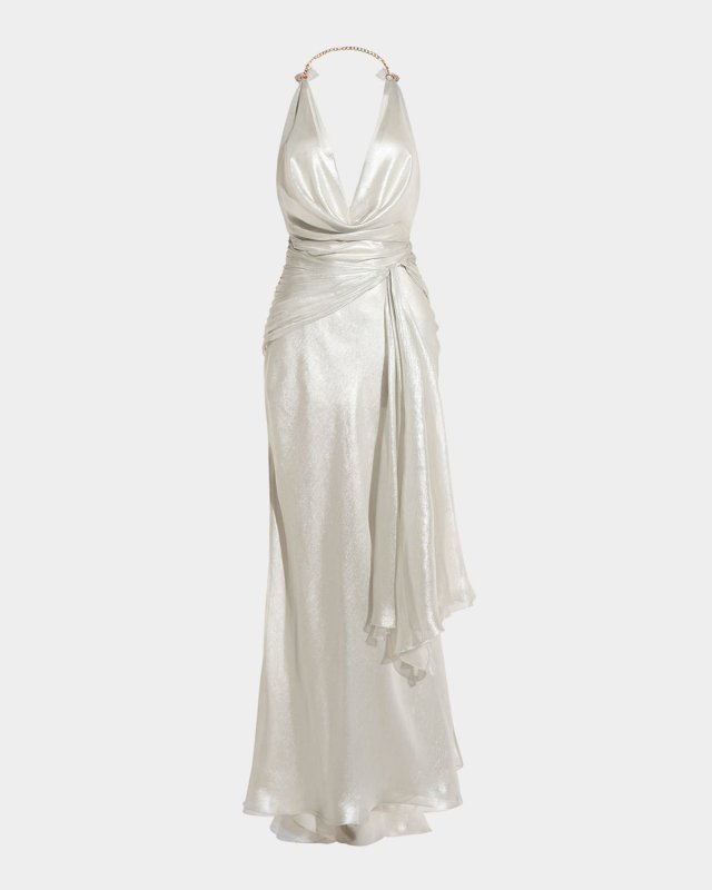 Ilaria Metallic Draped Plunging-Halter Backless Gown